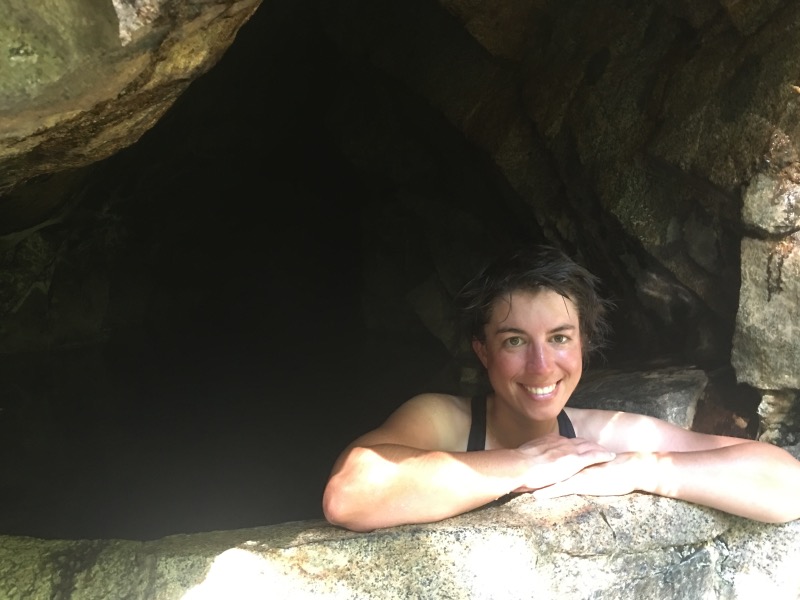 This cave is filled with waist-deep, 107 degree water. It goes back at least 20 feet. We couldn't really see the back of the cave.